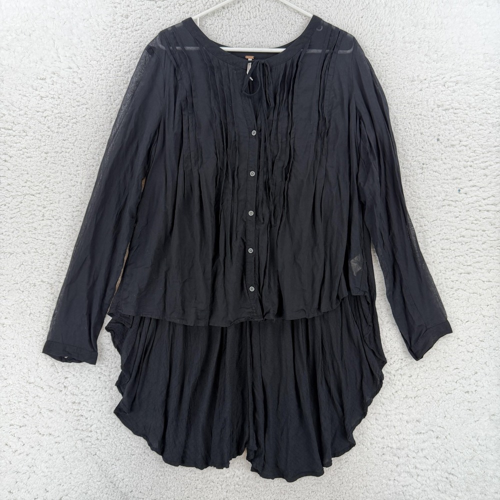 Free People Button Up Shirt Womens Large Black Pintuck High Low Tunic Top